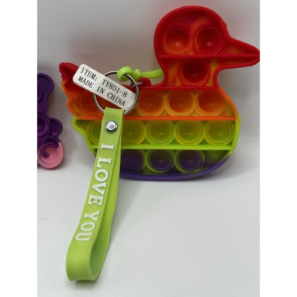 Pop It Fidget Toy Lot Rainbow Duck & Tie-Dye Bear Keychain Silicone NWT
